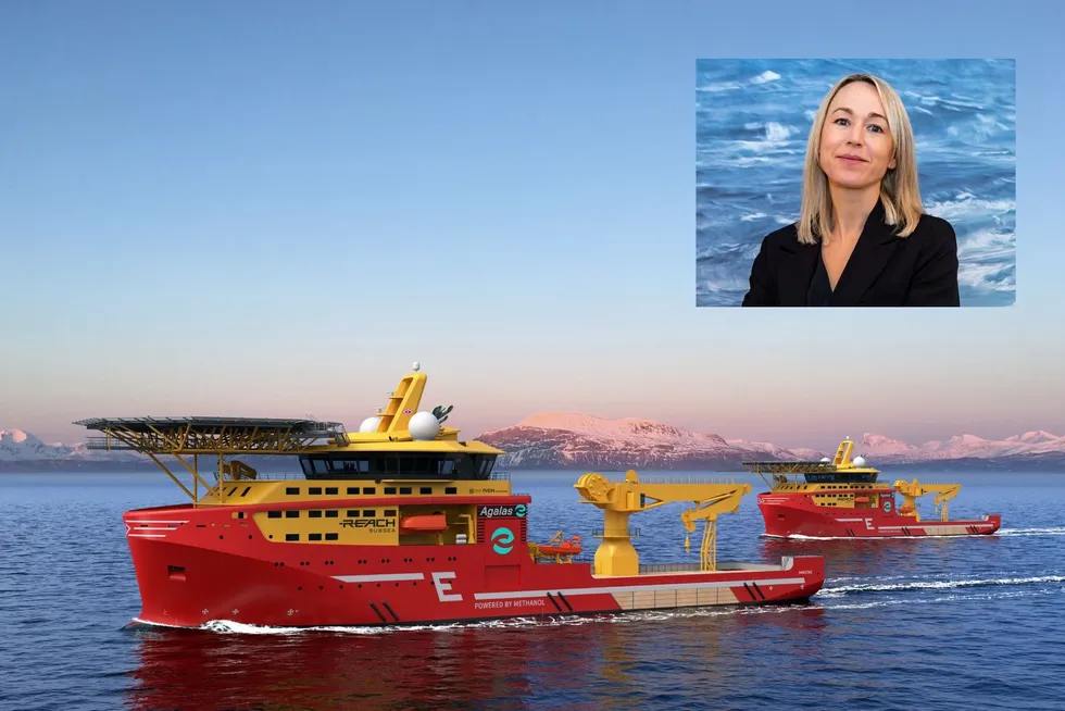 Eidesvik har bestilt to konstruksjonsfartøy som begge skal gå på metanol. Marie Engelsen Launes, VP for bærekraft i rederiet Eidesvik (innfelt).