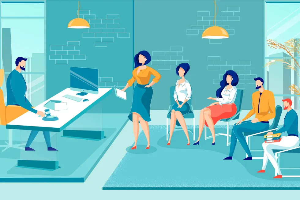 Corporate Business Analysts Group Presents Project to Boss. Business People, Cartoon Characters on Conference or Meeting in Head Office. Work Issues Discussion Process. Flat Vector Illustration.