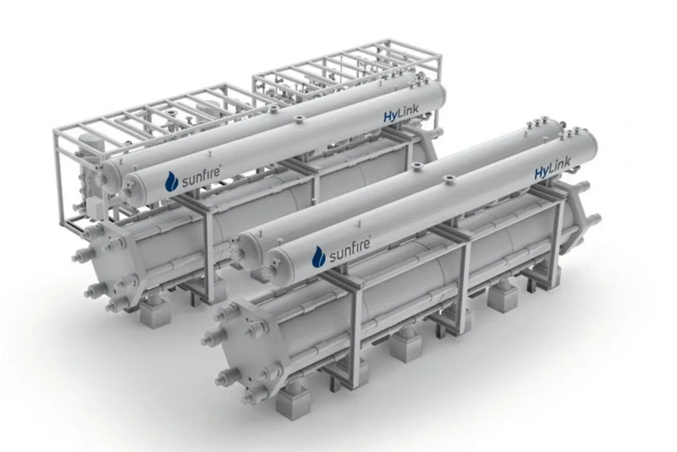 A rendering of a Sunfire pressurised alkaline electrolysis system.