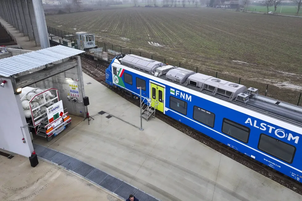 One of the Alstom trains being tested at a refuelling and maintenance site in Rovato
