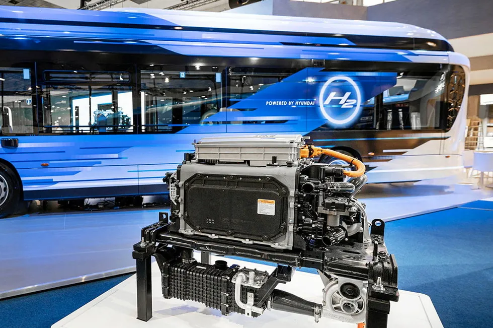 The E-WAY H2 and its powertrain displayed at Busworld 2023 in Brussels.