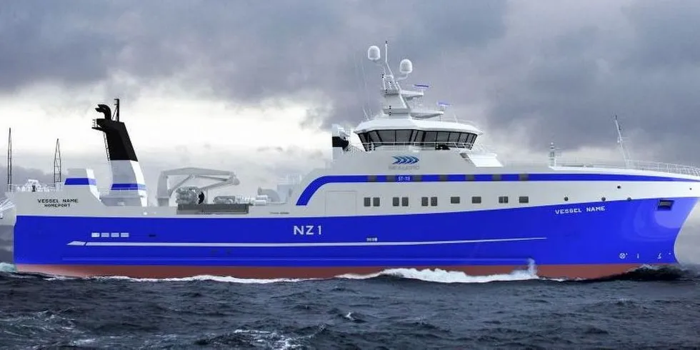 Skipsteknisk i Ålesund har designet det nye flaggskipet av en fabrikktråler til Sealord Group i New Zealand. Rapp Marine Group skal levere elektrisk dekksmaskineri. Fototegning: Skipsteknisk