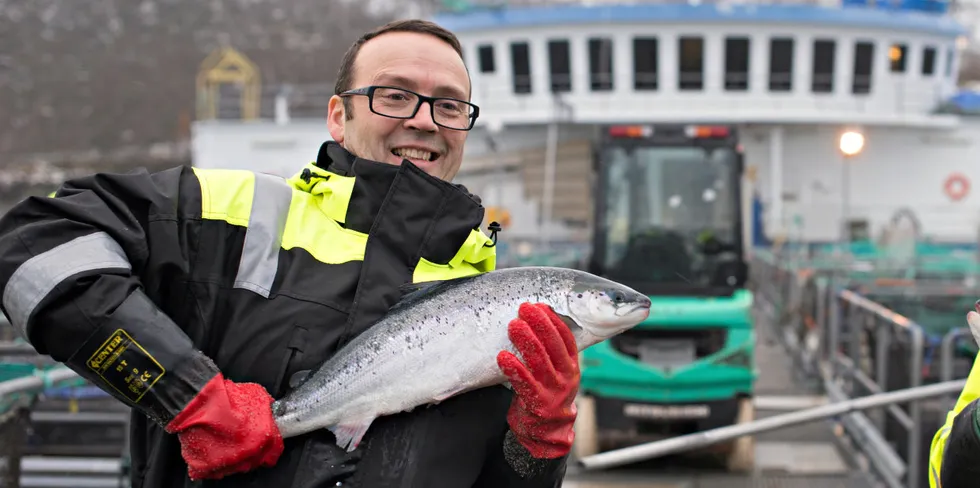 Nofima-forsker Audun Iversen med laks på Sjøanlegget til Havbruksstasjonen i Tromsø i Skulgambukt