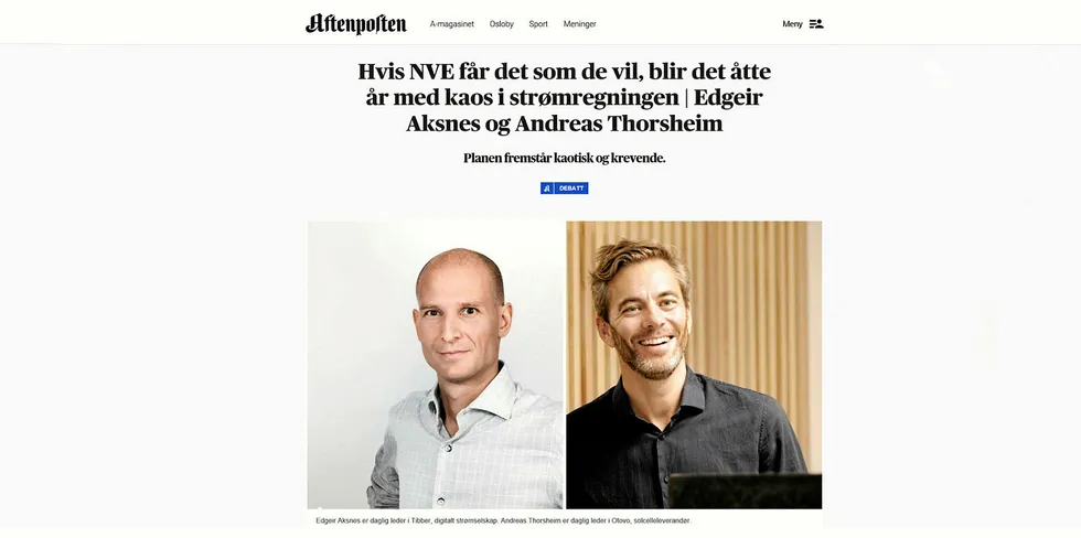 Edgeir Aksnes i Tibber og Andreas Thorsheim i Otovo har skrevet et felles innlegg om effekttariffer.