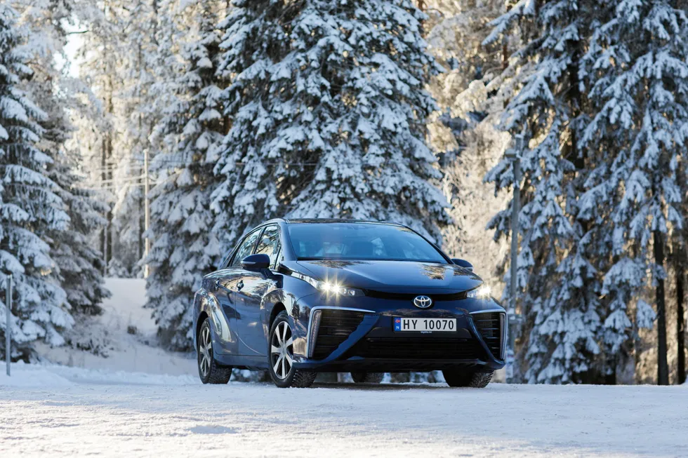 A promotional image of a Toyota Mirai in the snow, during the vehicle's launch in Norway and Sweden.