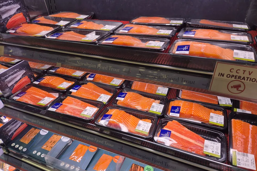 Norsk laks og ørret solgt på en bedre matbutikk i storbyen Johor Bahru (JB), sør i Malaysia i påsken. Prisen lå på rundt 335 kr/kg for fersk, flybåren filet.