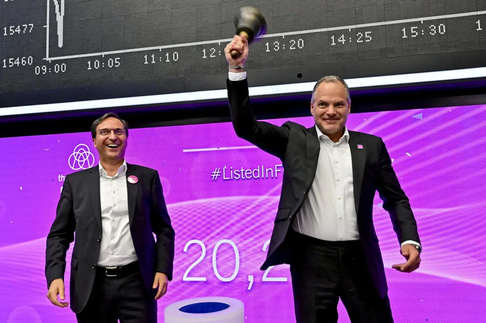 Thyssenkrupp Nucera CEO Werner Ponikwar rings the bell at the Frankfurt Stock Exchange on the occasion of its stock listing last year. Thyssenkrupp Nucera is the world's leading electrolyser maker, according to analyst VNZ Insights