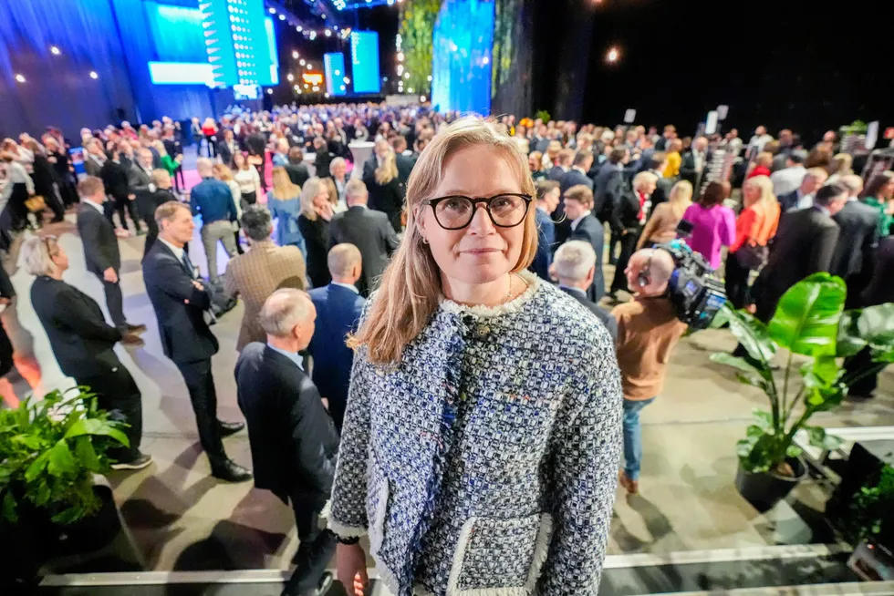 Konsernsjef Birgitte Ringstad Vartdal i Statkraft under NHOs årskonferanse i Oslo Spektrum onsdag.