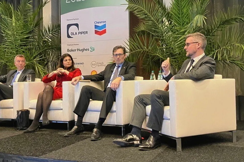 Santander's Bart White, right, speaking at the Reuters Hydrogen 2023 event in Amsterdam.