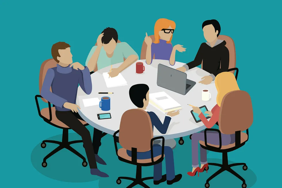 Meeting and discussion briefing. Business meeting, conference and meeting room, business presentation, office teamwork, team corporate, workplace discussing illustration ---
