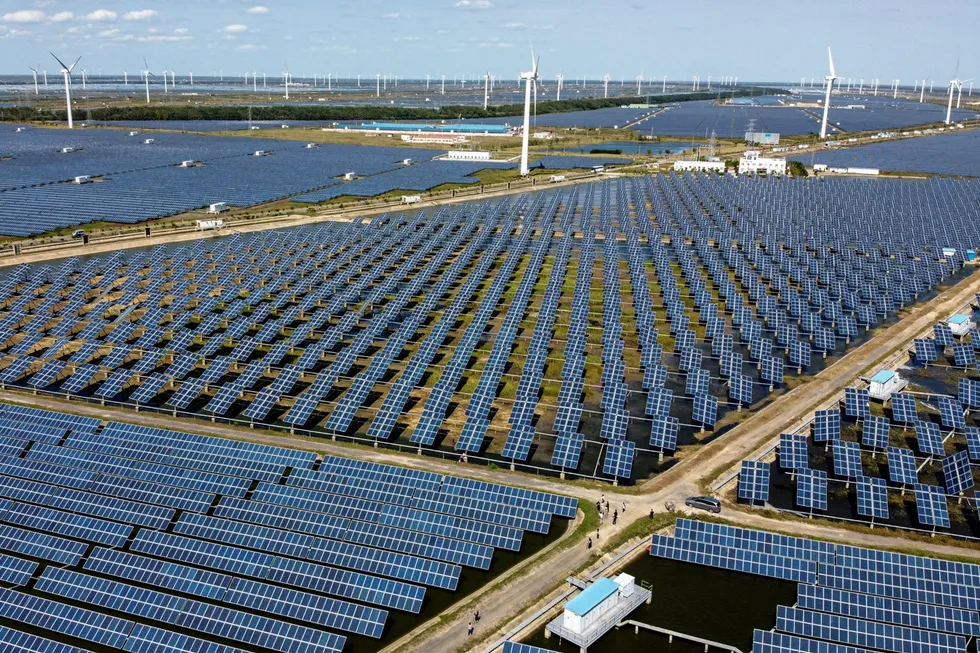 Wind turbines and solar panels in Jiangsu province, China.