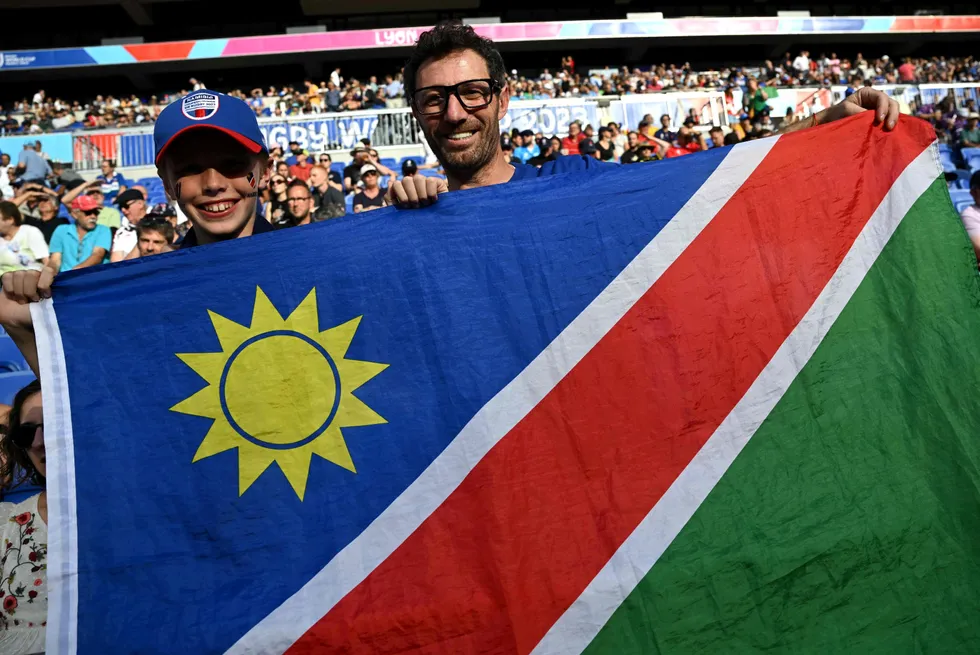 Namibia’s supporters hold their nation’s flag prior in the 2023 Rugby World Cup in France last year.