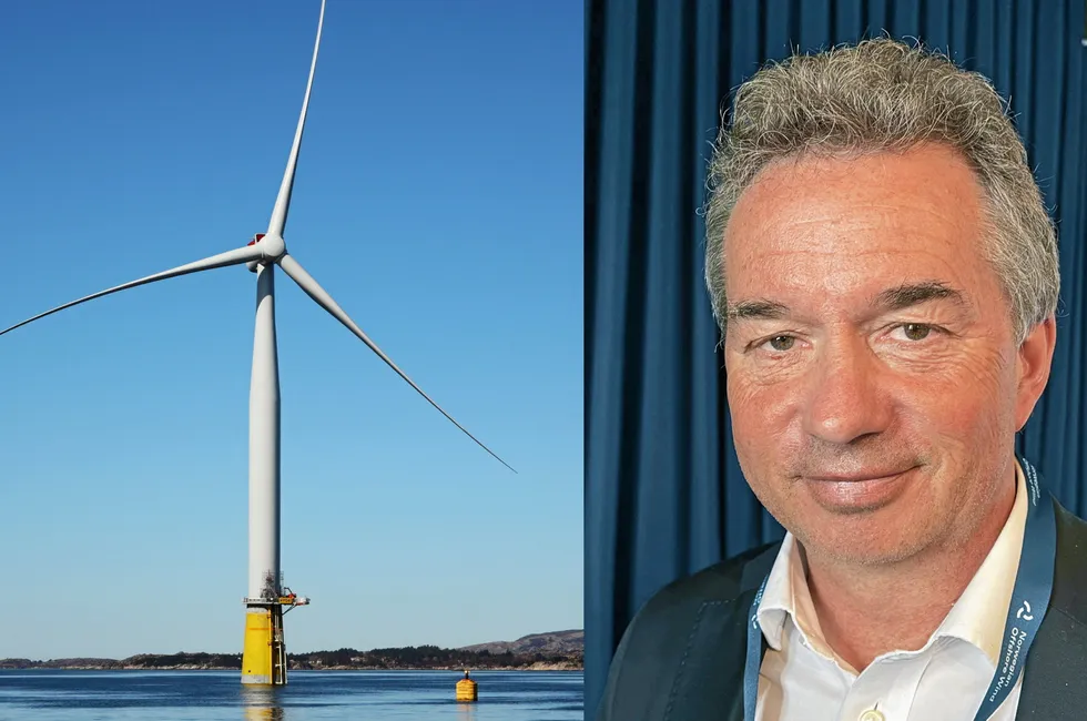 Illustrasjonsfotoet viser et havvindanlegg i Gulen i Fensfjorden. Til høyre: administrerende direktør hos Source Galileo, Gunnar Birkeland.