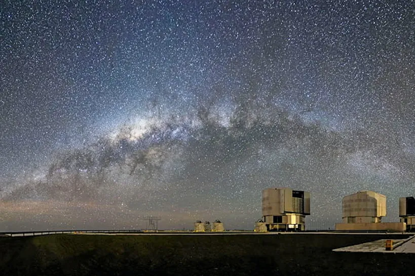 A panoramic image of the Milky Way above Paranal observatory.