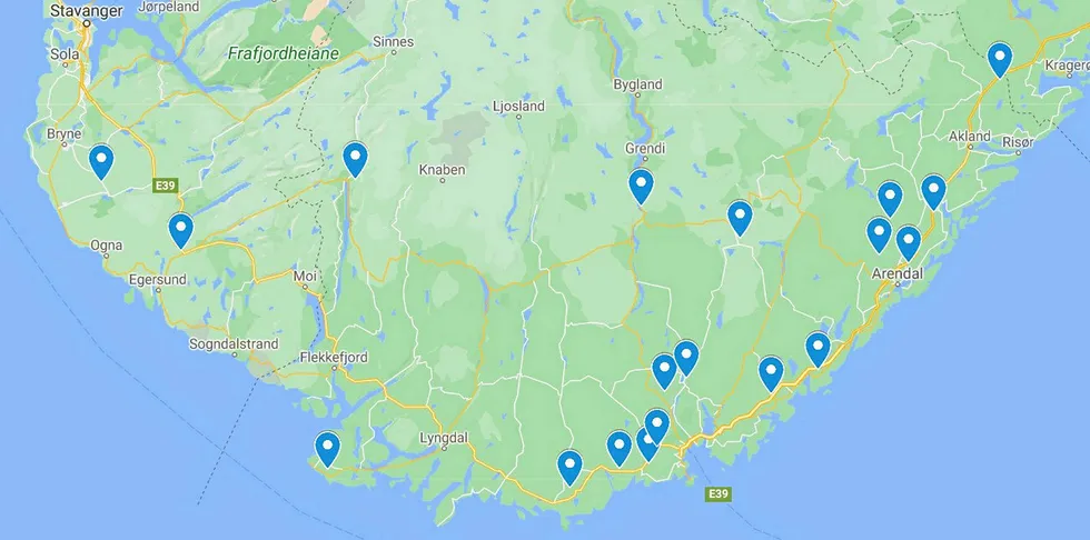Morrow Batteries skal etablere batterifabrikk i Sør-Norge. Her er de 19 aktuelle stedene for plassering av fabrikken.
