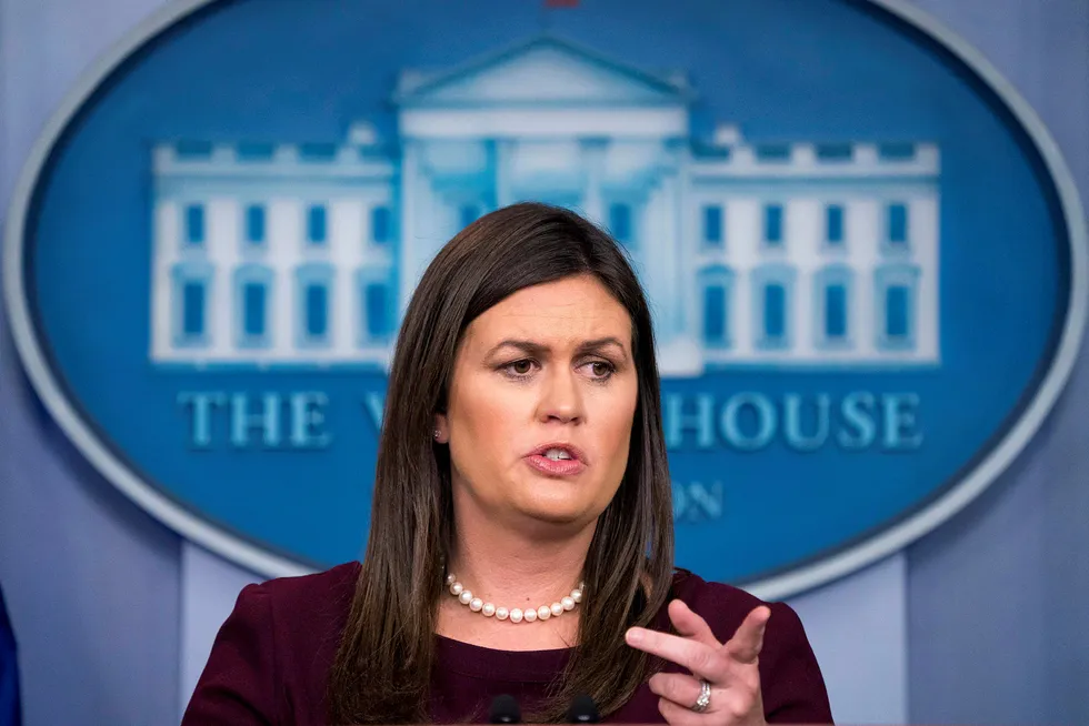 Presidentens talsperson Sarah Sanders leste opp kunngjøringen om Brennan i Det hvite hus onsdag. Bildet er fra tirsdagens pressekonferanse.