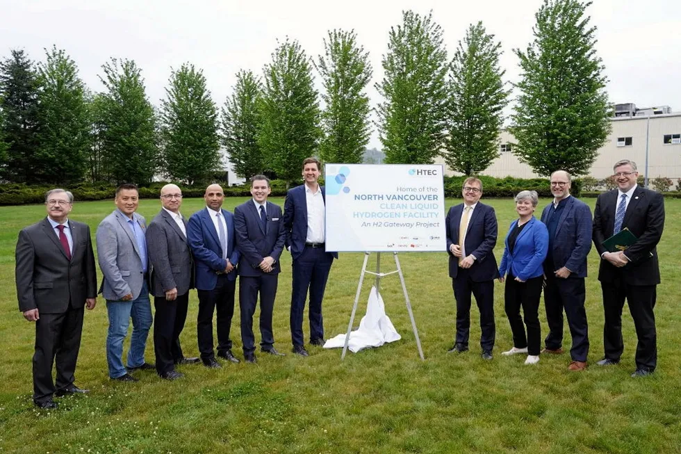 A launch event for H2 Gateway's liquefaction facility in Vancouver, British Columbia, with Canadian energy minister Jonathan Wilkinson fourth from right.