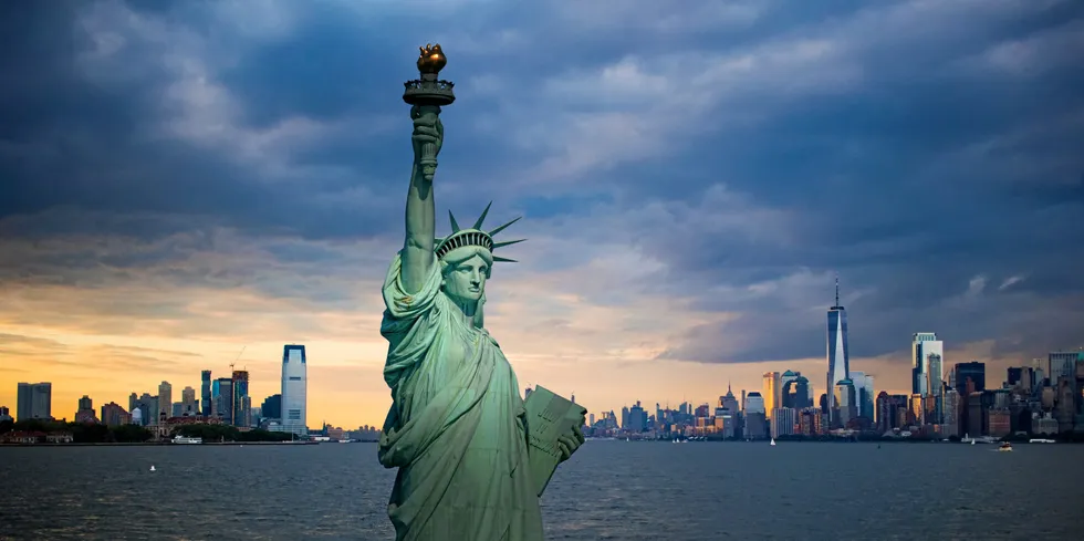 The New York harbor and the Jersey City and Manhattan downtown skylines . The Statue of Liberty with a view of both New York and New Jersey.