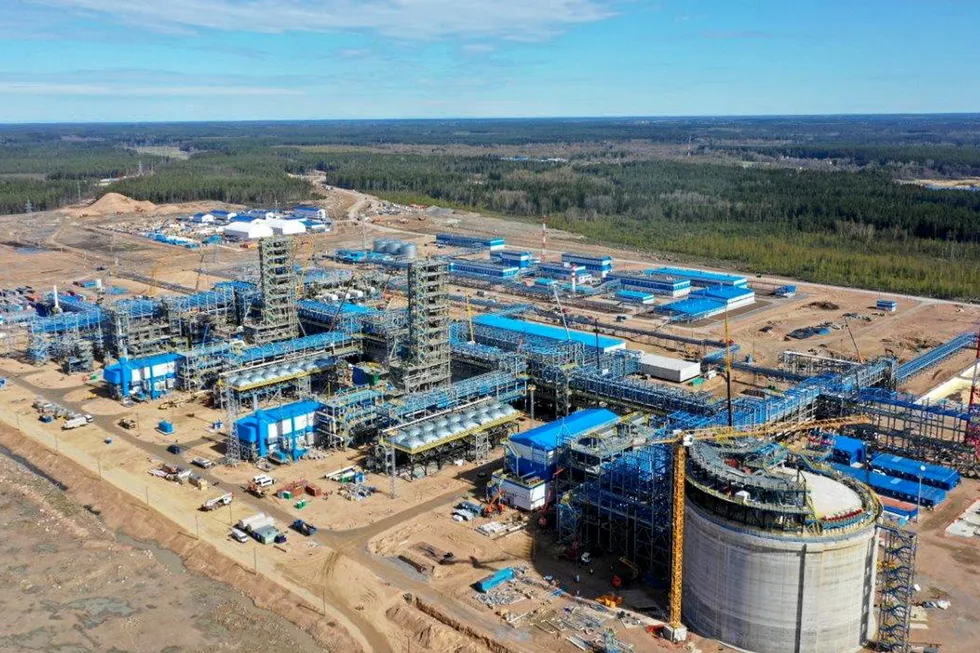 Flaring: Portovaya LNG plant with its flaring tower (on the right) under construction on the Russian shore of the Baltic Sea