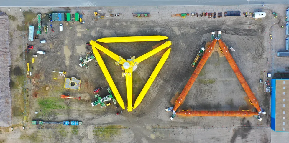 TetraSpar floating wind prototype designed by Stiesdal Offshore Technologies awaiting turbine