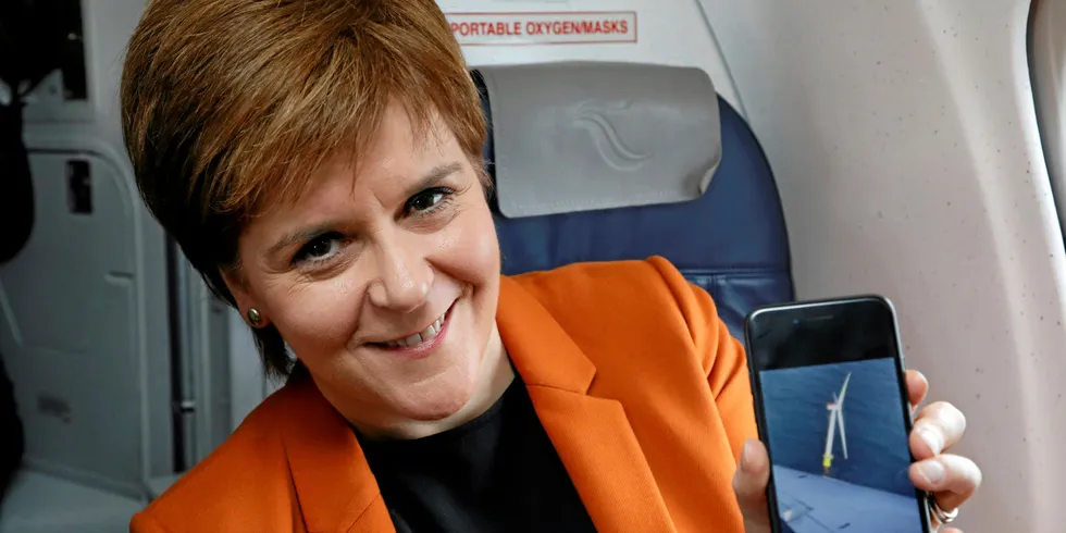 Scotland's first minister Nicola Sturgeon in 2017 on the inaugural fly-over of Hywind Scotland, the world's first floating wind farm