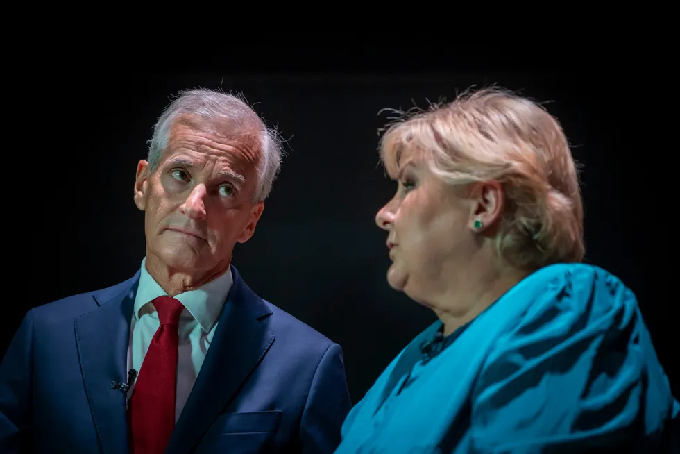 Partilederne Jonas Gahr Støre (Ap) og Erna Solberg (H).