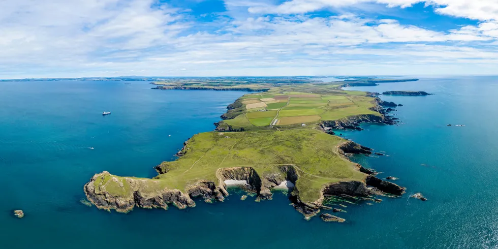 The rugged ocean coastline off Pembroke, Wales.