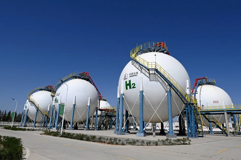 Spherical hydrogen storage tanks at Sinopec's Kuqa green hydrogen project in Xinjiang, northwest China.