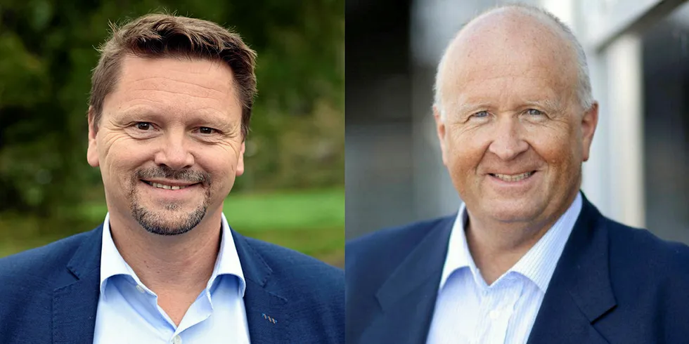 Haugaland Kraft fusjonerer inn Fjelberg Kraftlag. Til venstre administrerende direktør i Fjelberg Kraftlag Sverre Olav Handeland og konsernsjef Olav Linga i Haugaland Kraft.