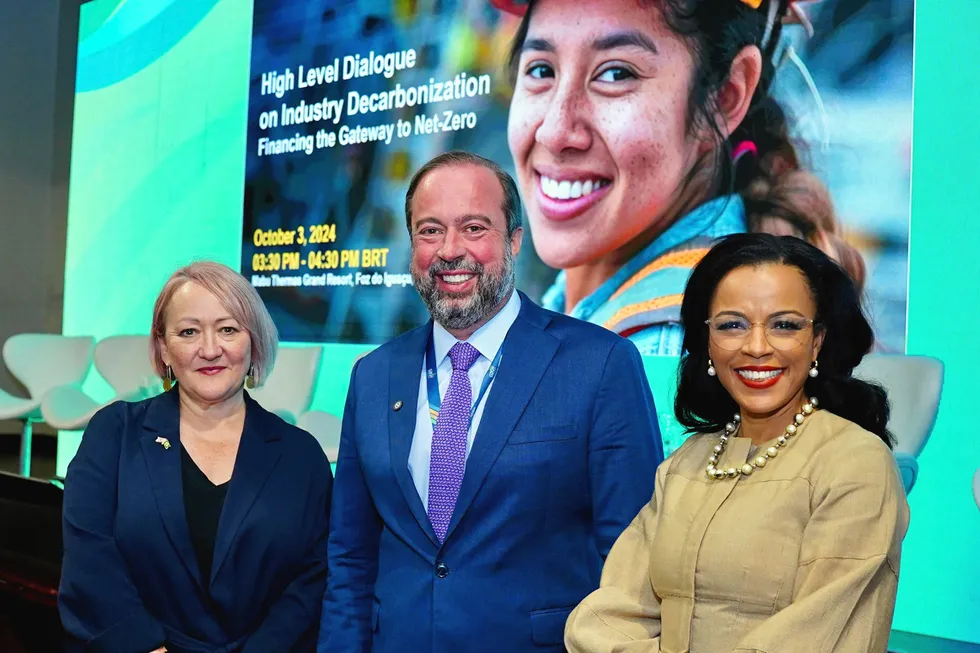 Brazilian minister of mines and energy, Alexandre Silveira (centre), with CIF CEO Tariye Gbadegesin (right) and UK climate minister Kerry McCarthy (left) at a meeting in Foz do Iguaçu, southern Brazil, last week.