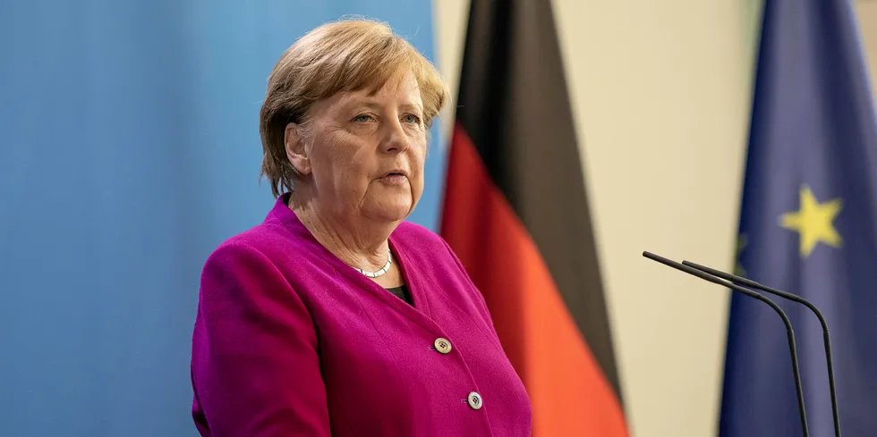 German Chancellor Angela Merkel speaking after a summit with EU leaders on post-Covid-19 recovery plans