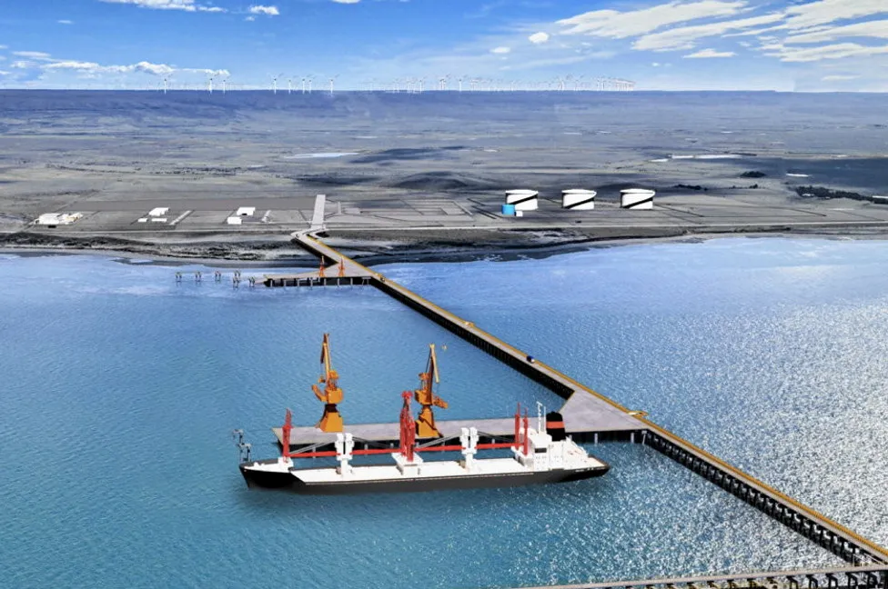 A computer-generated image of the planned port infrastructure for HNH Energy's green ammonia complex.