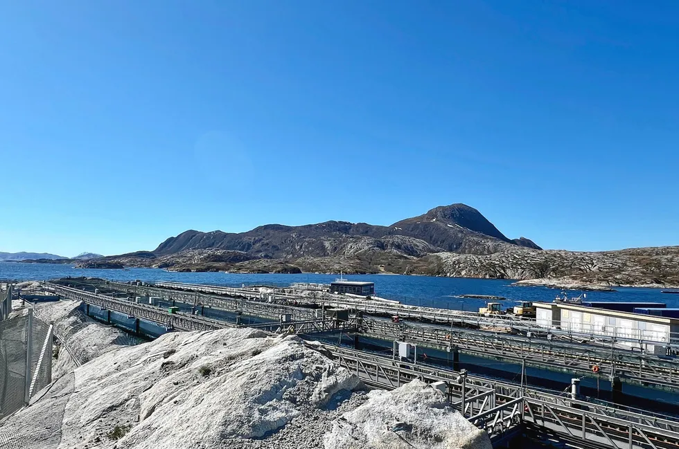 Gigante Salmon bygger et landbasert oppdrettsanlegg på Lille Indre Rosøy i Rødøy kommune på Helgeland. Her vises anlegget med fjelltoppen Rødøyløva i bakgrunnen.