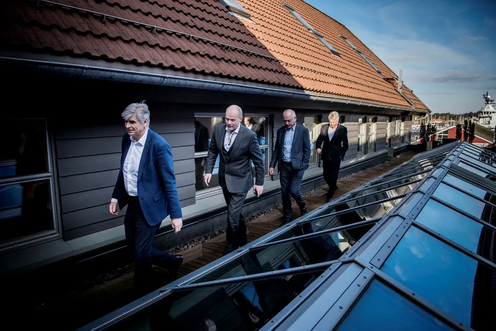 Jan Mikal Heiberg (fra venstre), Peder Sortland, Svein Arild Killingland, og Thor Otto Lohne har startet opp nytt selskap med base her i Østre bydel i Stavanger. Det skal investere i norsk gassinfrastruktur. Foto: Tommy Ellingsen