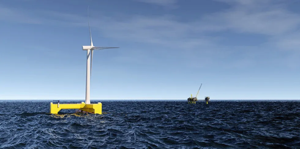 CGI of an FPP wind-wave energy unit powering an offshore oil platform