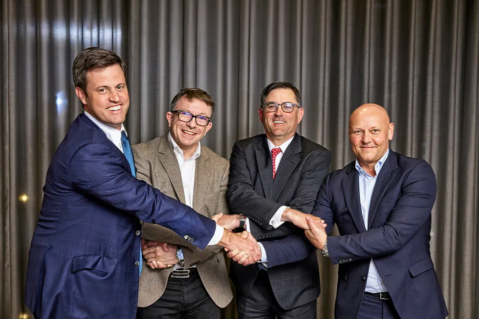 Happy day: from left, Noble chief executive Robert Eifler, Aker BP chief executive Karl Johnny Hersvik, Halliburton chief executive Jeff Miller, and Odfjell Drilling chief executive Kjetil Gjersdal.