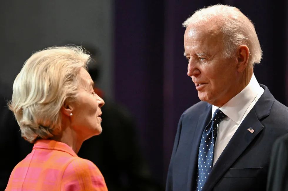 European Commission President Ursula von der Leyen speaking with US President Joe Biden at the G20 Summit in Indonesia in November 2022.