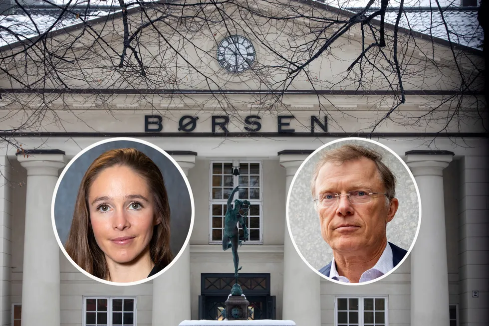 Oslo Børs. Innfelt Henriette Trondsen i Arctic Securities og Peter Hermanrud.