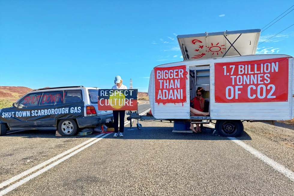 Earlier action: a protest against Woodside Energy's Scarborough gas development at the Burrup Hub.