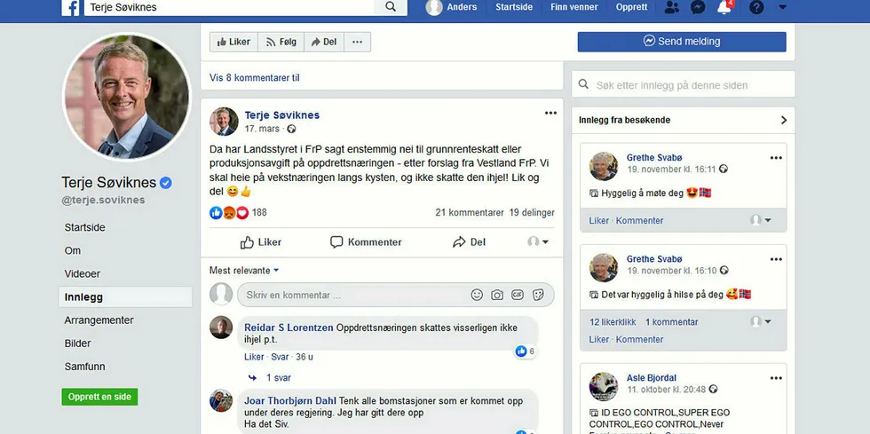 Skjermdump fra den offentlige Facebook-siden til Terje Søviknes