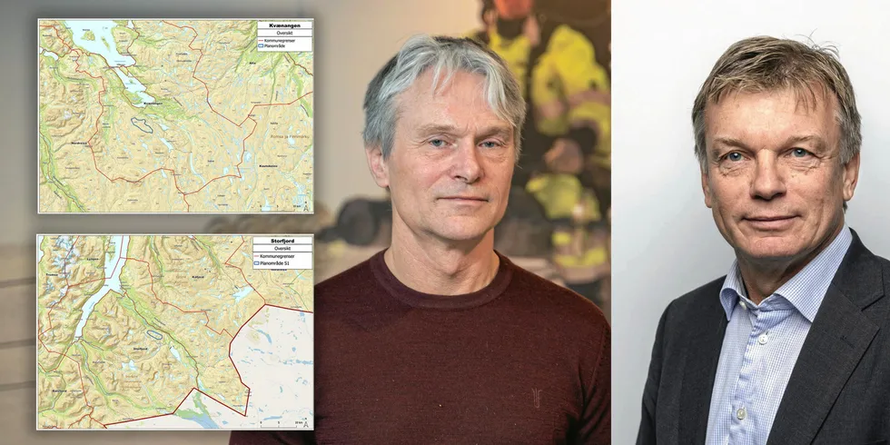 Erling S. Martinsen i Ymber og Semming Semmingsen Troms kraft ønsker å bygge ut vindkraft i Kvænangen. Kartene viser berørte områder i Nord-Troms.