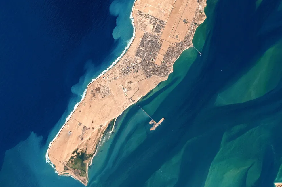 A satellite image of the Dakhla peninsula, including the city and port (off the southern coast), taken in 2021.