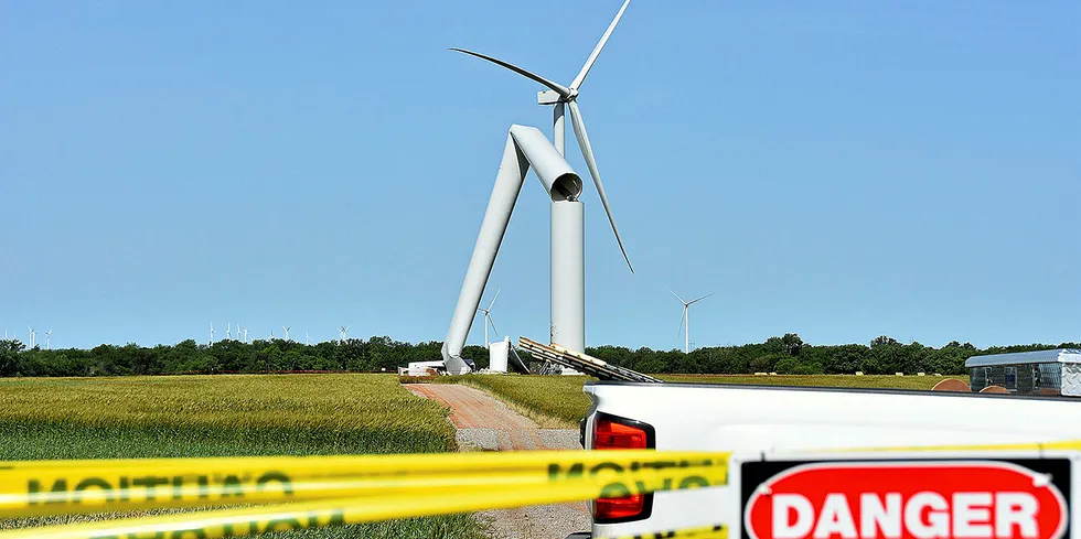 A wind turbine at the Chisholm View wind farm near Hunter, Okla., collapsed Tuesday May 21, 2019.