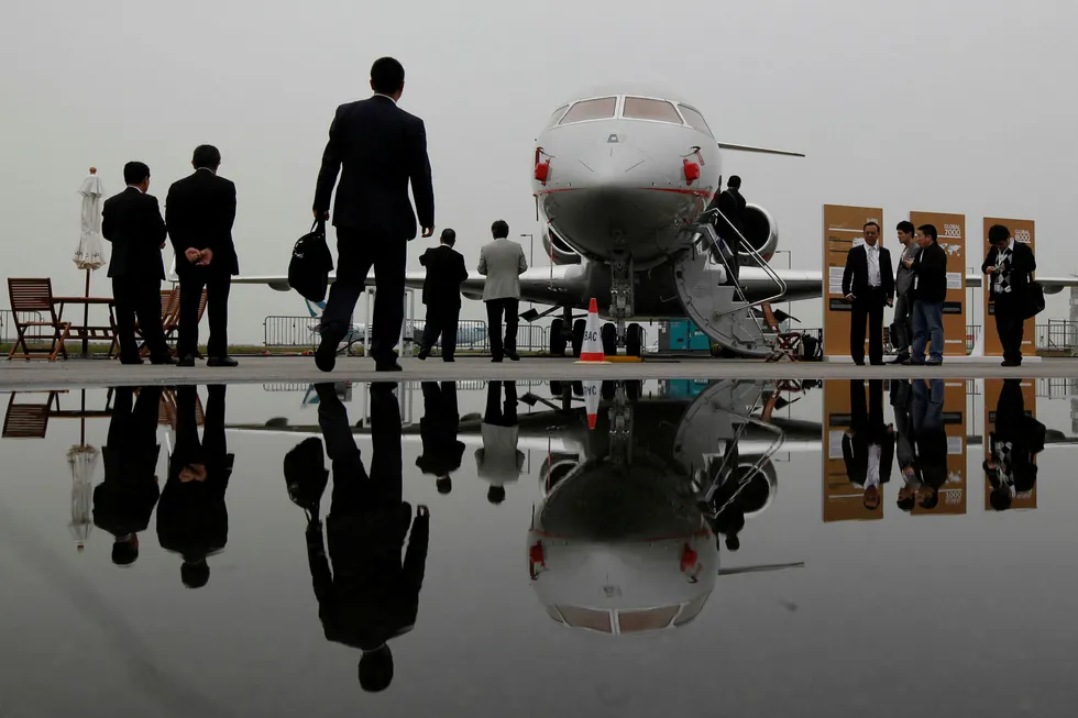 Utbruddet av Korona-viruset har ført til kraftig vekst i privatfly-avganger fra Hong Kong. Dette bildet er av et Bombardier Global Express XRS privatfly og er tatt på en flymesse i Hong Kong i 2011.
