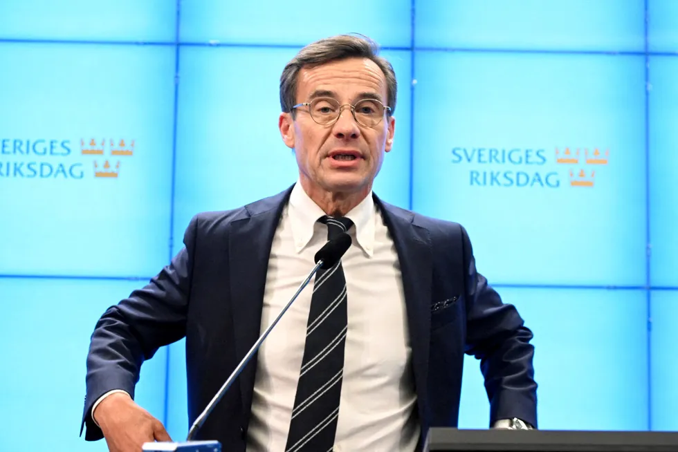 Ulf Kristersson taleri Riksdagen etter å ha blitt valgt til statsminsiter mandag.