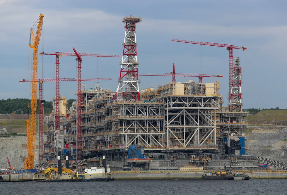 Revision: Arctic LNG 2’s first train under construction at a dedicated shipyard near Belokamenka in Russia’s Murmansk region.