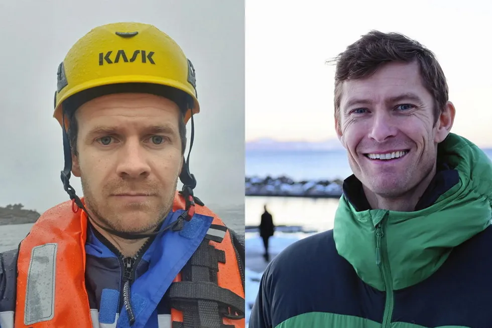 Henrik Wiedswang Horjen, kommunikasjonssjef i Sjømat Norge (t.v.) og Ole Fretheim, fagsjef havbruksteknologi i Sjømat Norge.