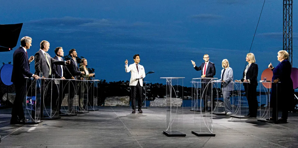 Partilederne møttes til debatt i Arendal i august. Ordstyrer var NRKs Fredrik Solvang.