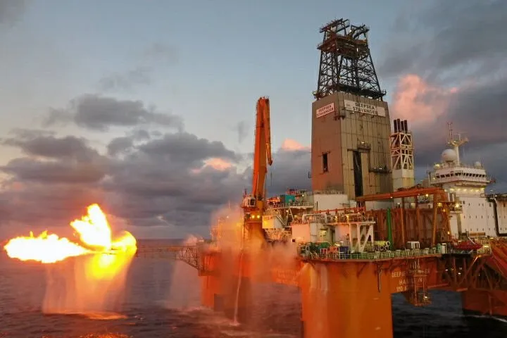 Gas is flared during a drill stem test on TotalEnergies' Luiperd-1X well offshore South Africa, which was drilled by Odfjell Drilling's semi-submersible rig Deepsea Stanvanger.