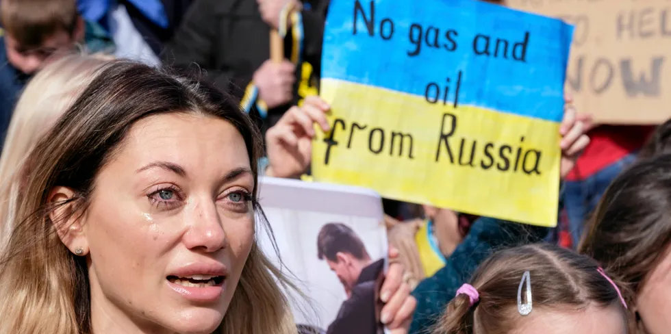 A protest in Brussels against Russia's invasion of Ukraine. Europe is trying to wean itself off Russian gas as soon as possible, so adding local gas demand by pushing blue hydrogen makes no sense, says IEEFA.